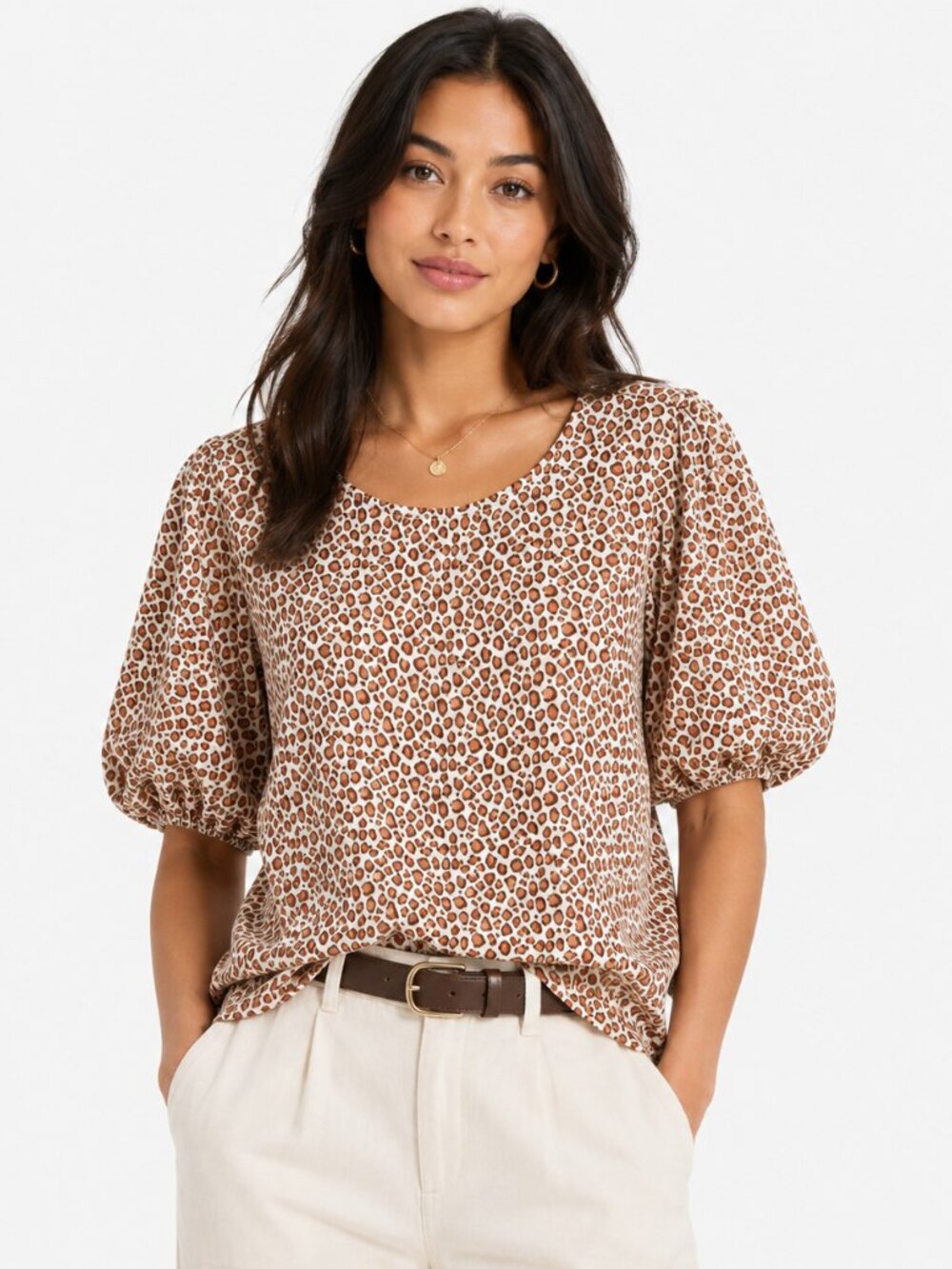 LOFT Women's Leopard Print Top - Brown and White